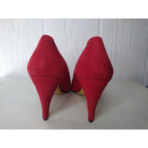 Via Spiga Women 9.5 B Red Suede Curved 3.5" Heel Pumps Leather Pointed Toe Italy - Picture 4 of 9